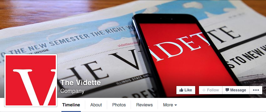The Facebook profile picture is the Vidette logo and the cover photo is of a phone laying over a copy of the Vidette Newspaper.