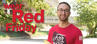 student wearing red